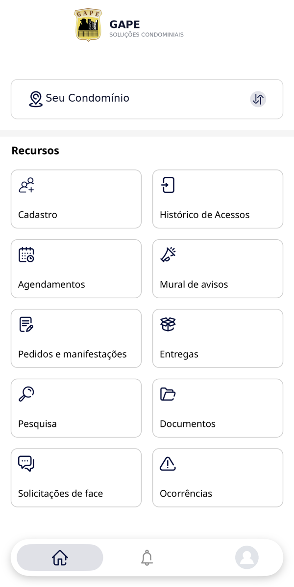 Tela do aplicativo do morador disponibilizado pela GAPE, com cadastro, histórico de acessos, agendamentos, mural de avisos, entregas, documentos e ocorrências