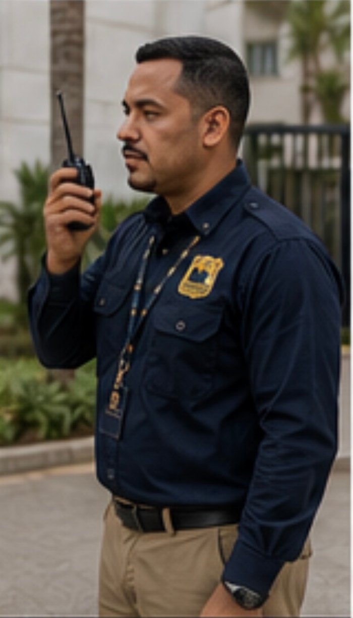 Agente de portaria da GAPE, uniformizado e com rádio, no reforço do controle de acesso do condomínio