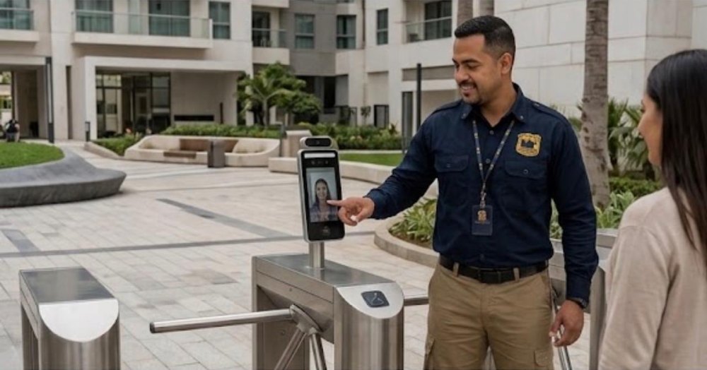 Agente da GAPE orientando uma moradora no terminal de acesso do condomínio